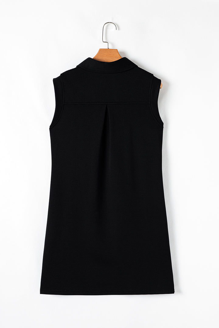 Black Sequin Patched V Neck Collared Mini Dress