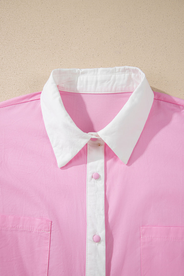 Pink Hollow-out Floral Contrast Patchwork Short Sleeve Button Up Shirt
