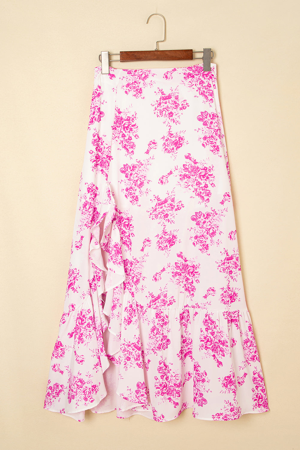 Jupe longue fendue à volants taille haute à fleurs style bohème rose