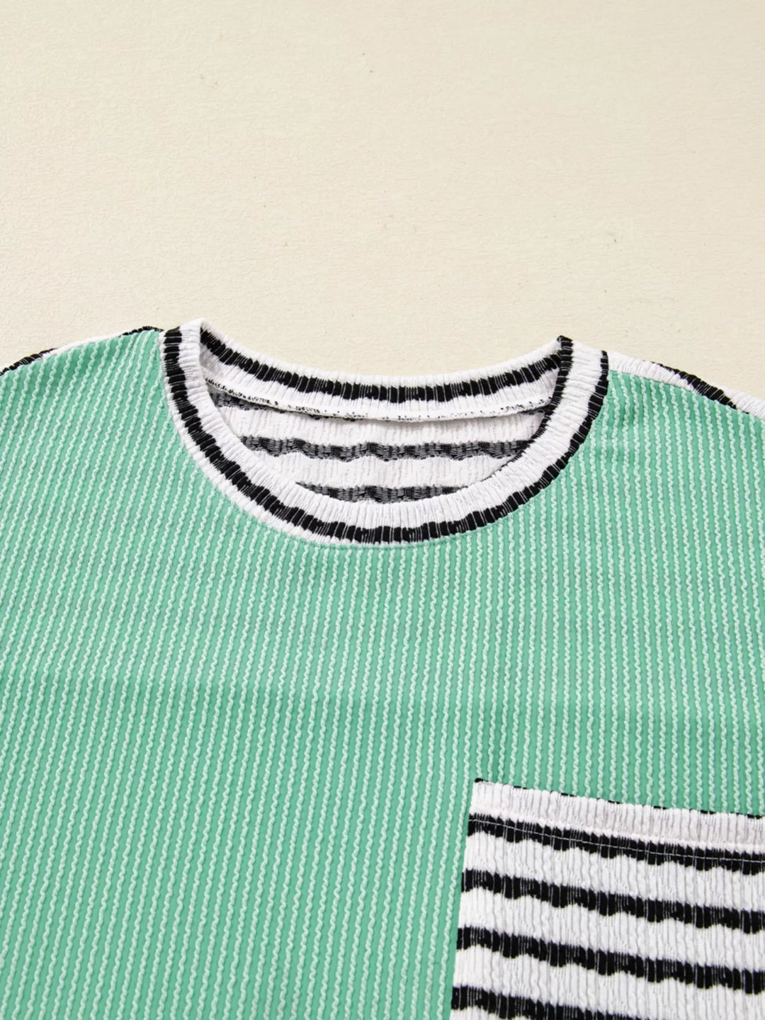 Twisted Ribbed Contrast Round Neck Striped Patchwork Long Sleeve Top