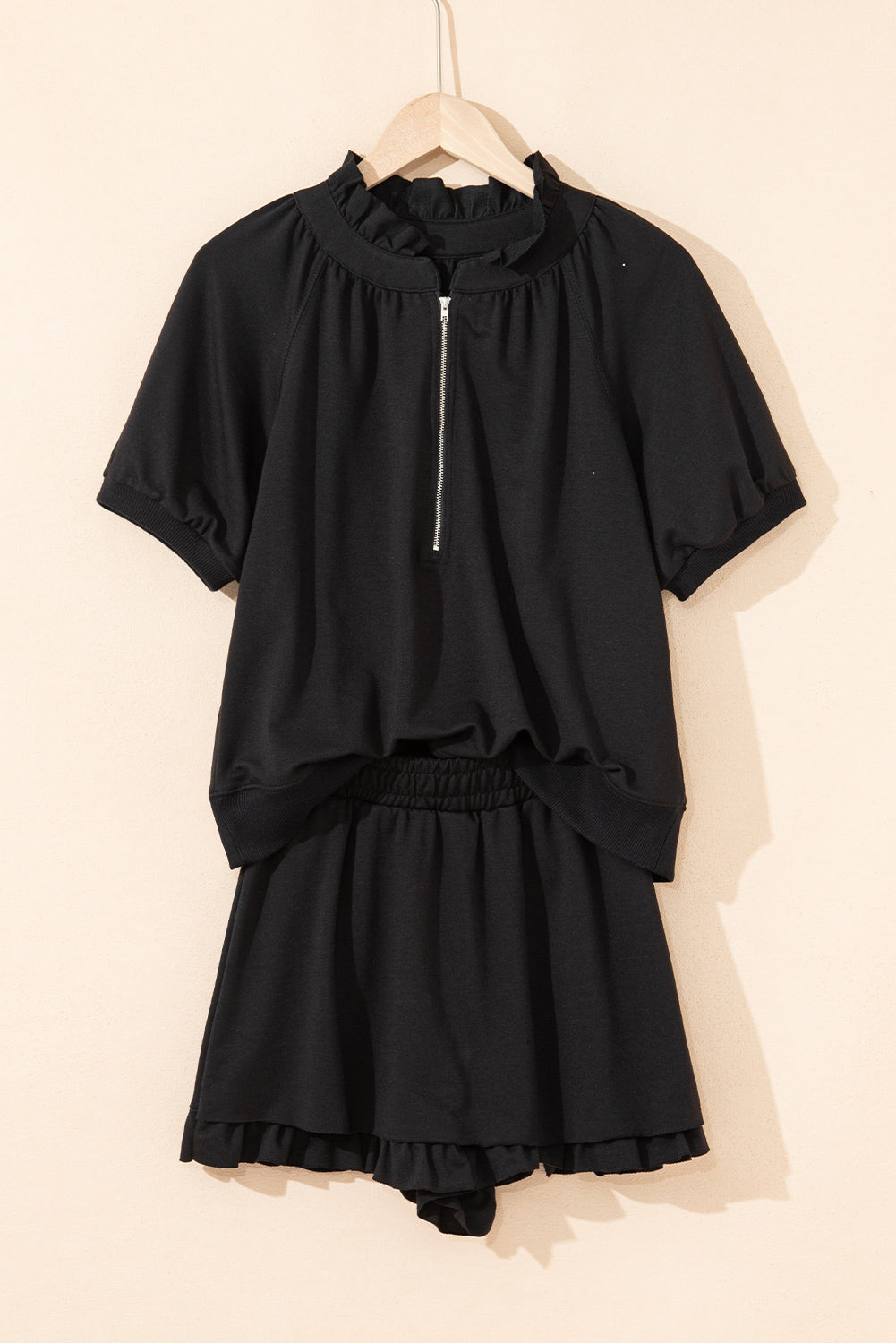 Black Half Zip Puff Sleeve Top and Ruffled Shorts Set