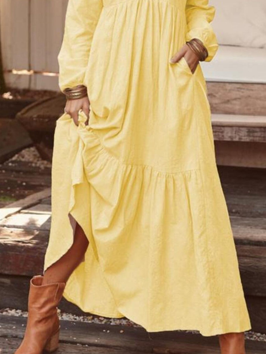 Full Size V-Neck Long Sleeve Tiered Maxi Dress Plus Size
