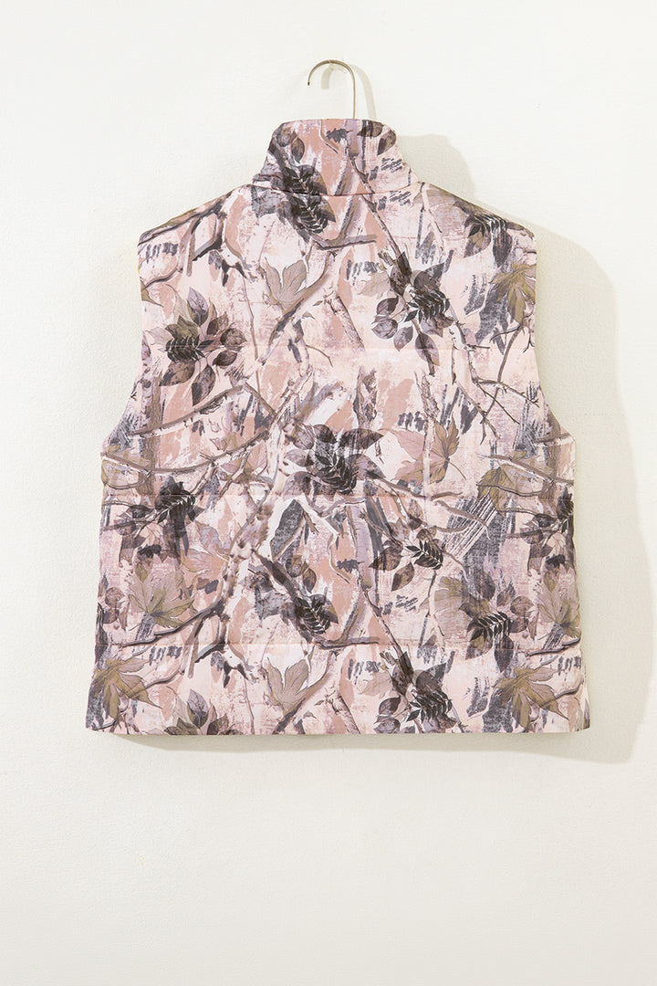 Brown Camo Leaf Print Winter Puffer Vest
