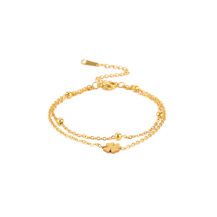 Stainless Steel Cut Clover Charm Double-layer Ankle Bracelet For Women