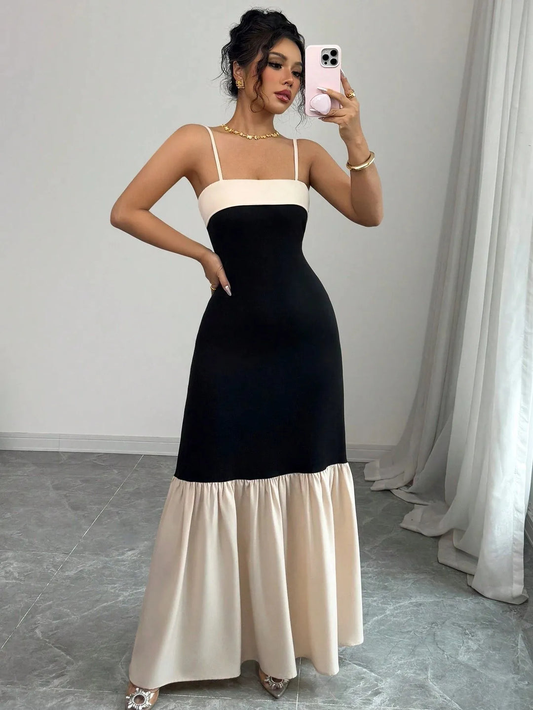 Two-Tone Spaghetti Strap Maxi Dress