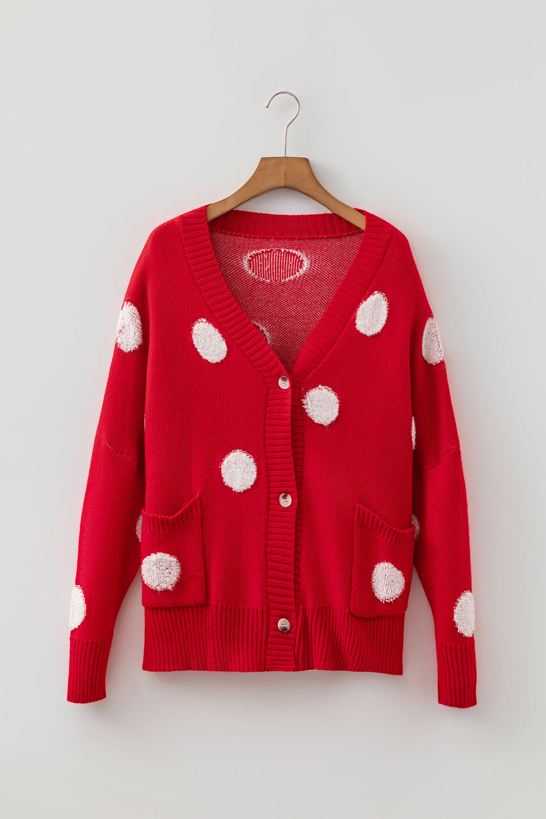 Beige Polka Dot Button Front Oversized V Neck Cardigan