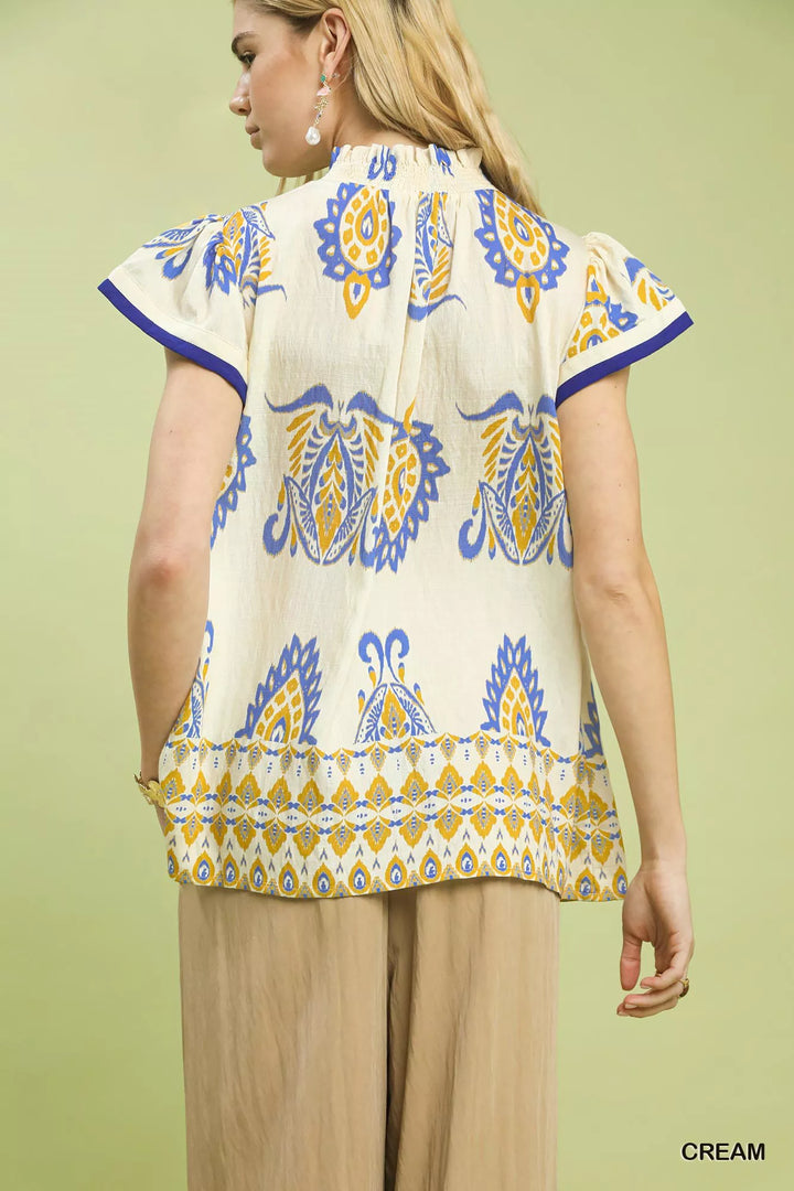 Umgee Border Print Split-Neck Boho Top