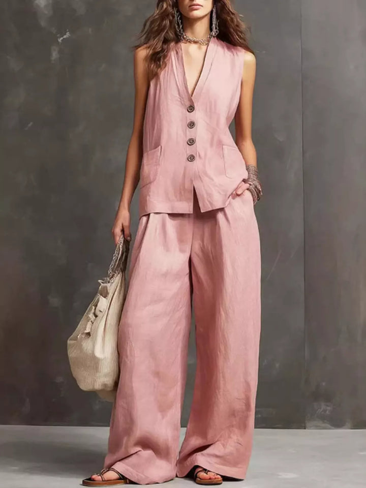 Full Size Sleeveless Vest and Wide-Leg Pants Set Plus SIze