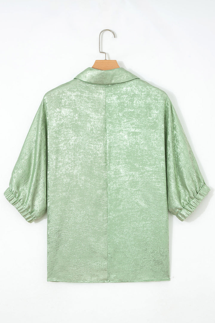 Clearly Aqua Collared V Neck Half Sleeve Metallic Top