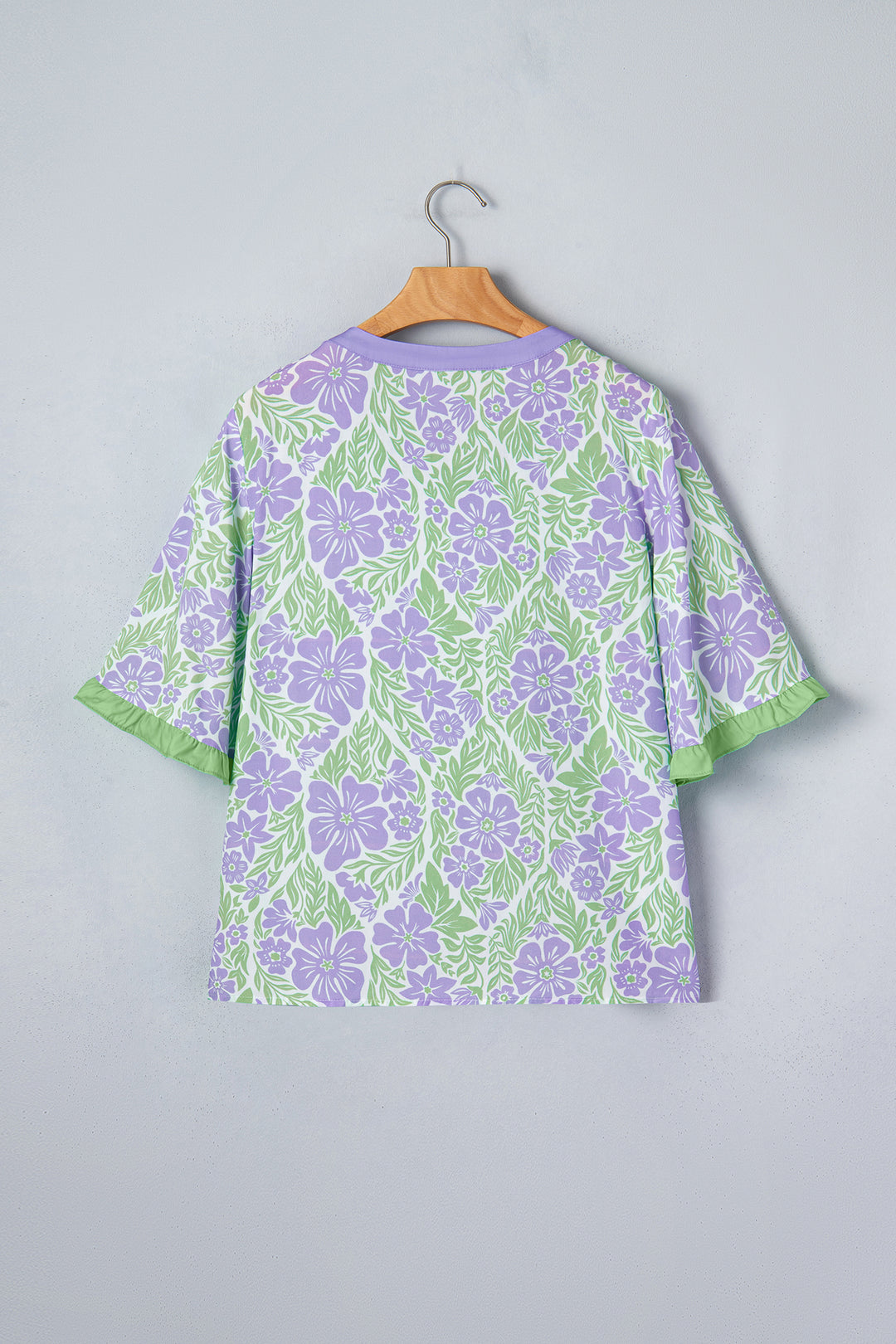 Purple Floral Print Ruffled Color Block Trim Half Sleeve Blouse