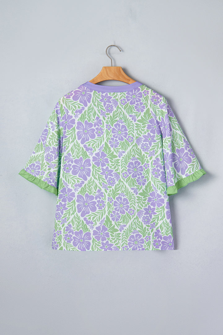 Purple Floral Print Ruffled Color Block Trim Half Sleeve Blouse