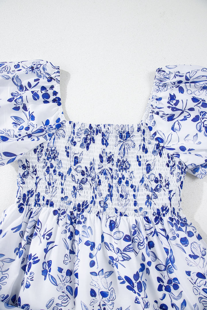Sky Blue Floral Print Square Neck Bubble Sleeve High Waist Maxi Dress