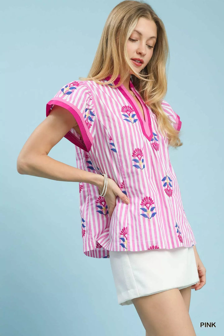 Umgee Embroidered Striped Flutter Sleeve Top
