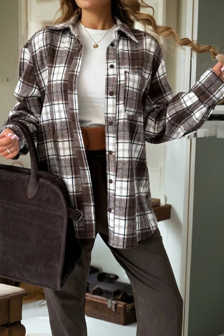 Dark Brown Flanel Plaid Single Chest Pocket Boyfriend Shacket