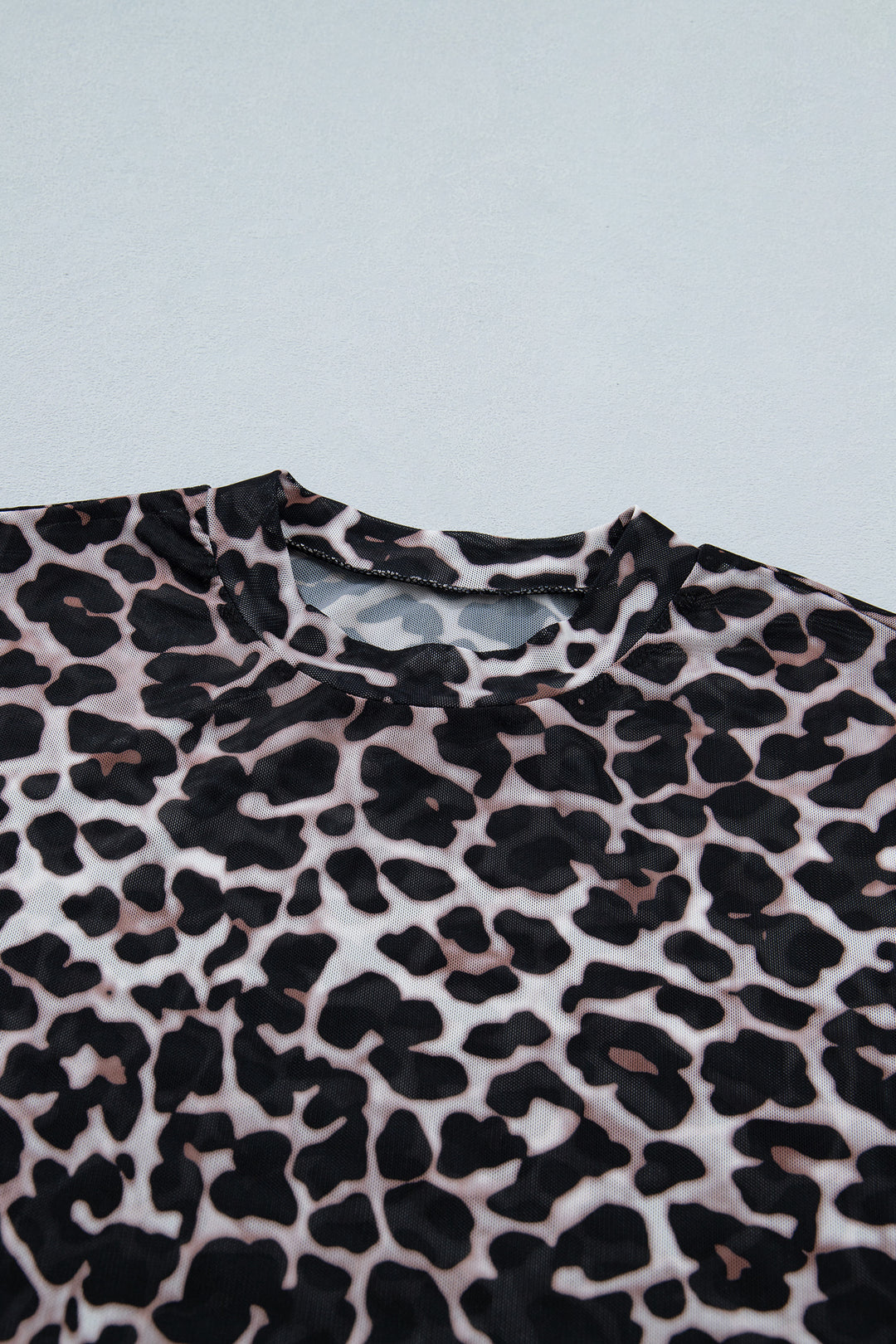 Khaki Leopard Print Sheer Mesh Short Sleeve Top