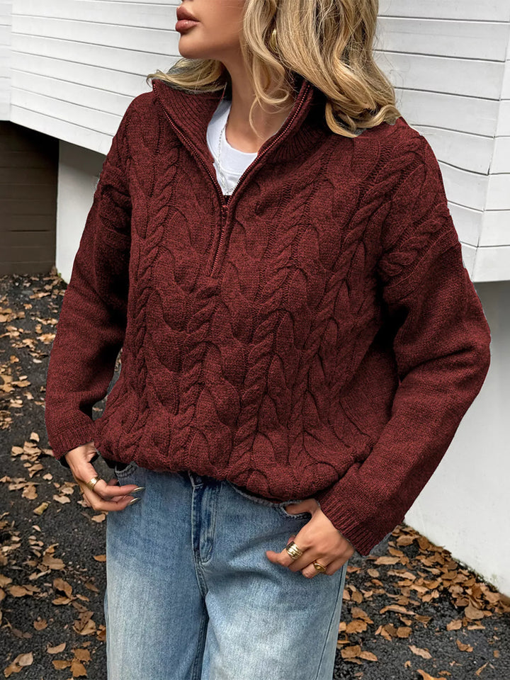 Zip Collar Cable-Knit Sweater