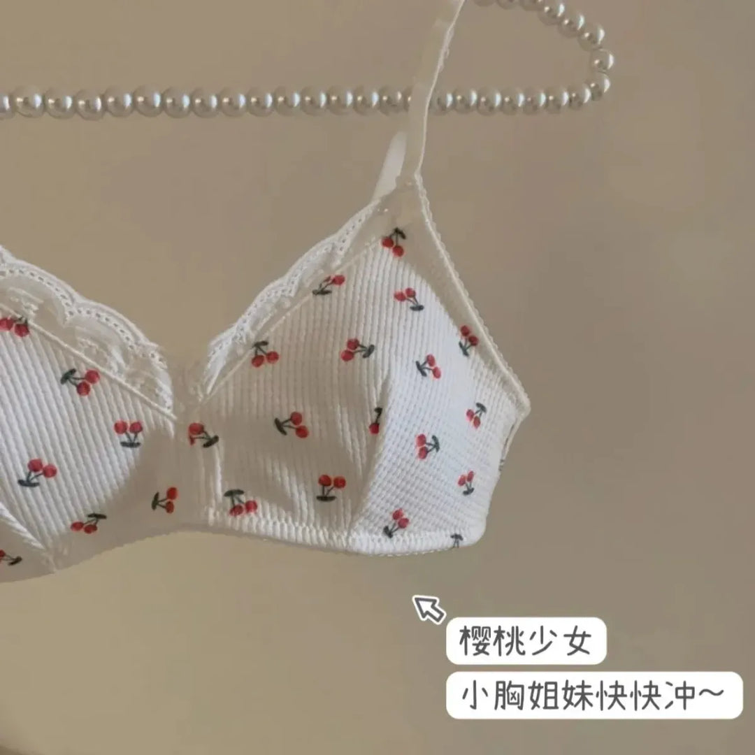 Cherry Print Lace Bra – Seamless Wire-Free Breathable Lingerie