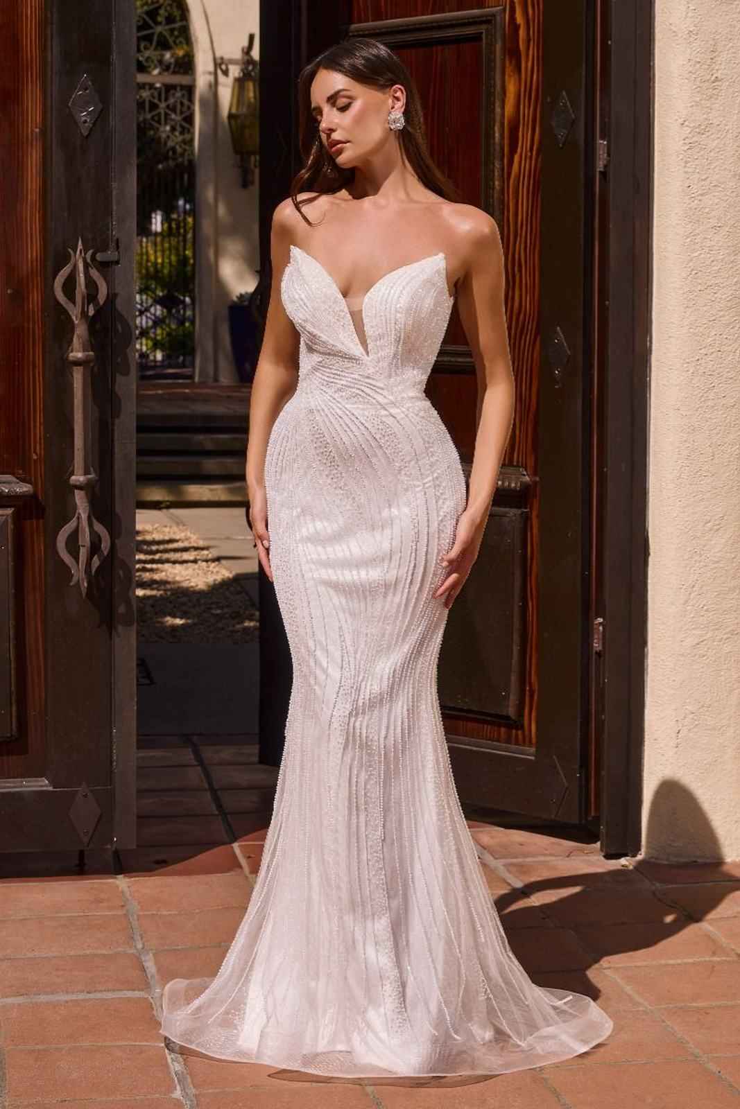 Ladivine CJ933W Plunging Sweetheart Beaded Fitted Mermaid Wedding Gown