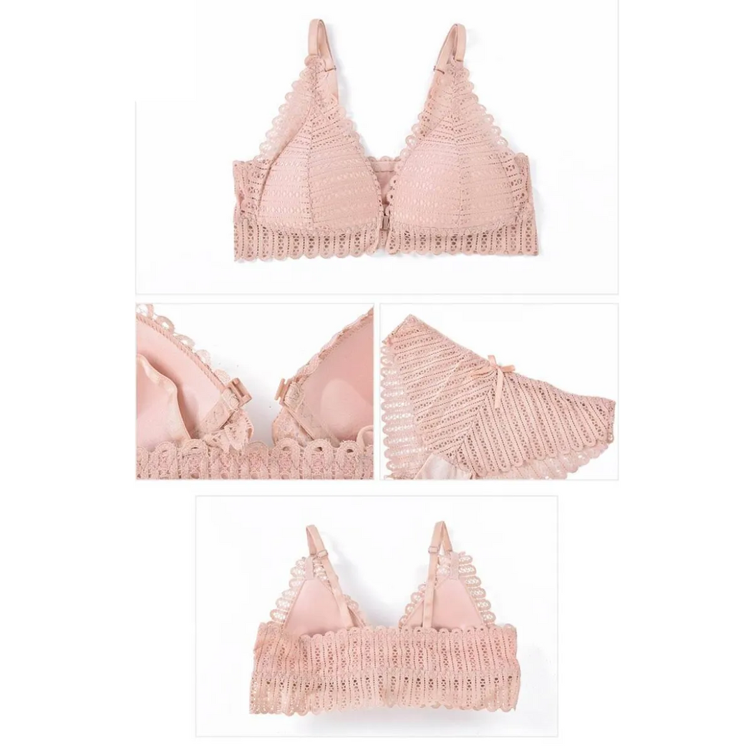 Lace Front Closure Bra With Panties Set