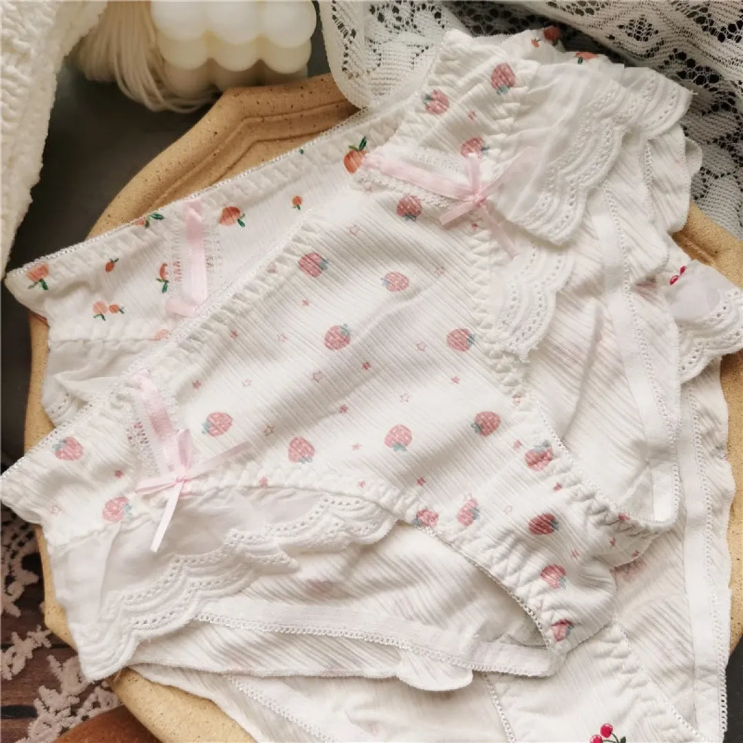 Cotton Lace Low Waist Panties with Fruit Print & Bows – Kawaii Lingerie
