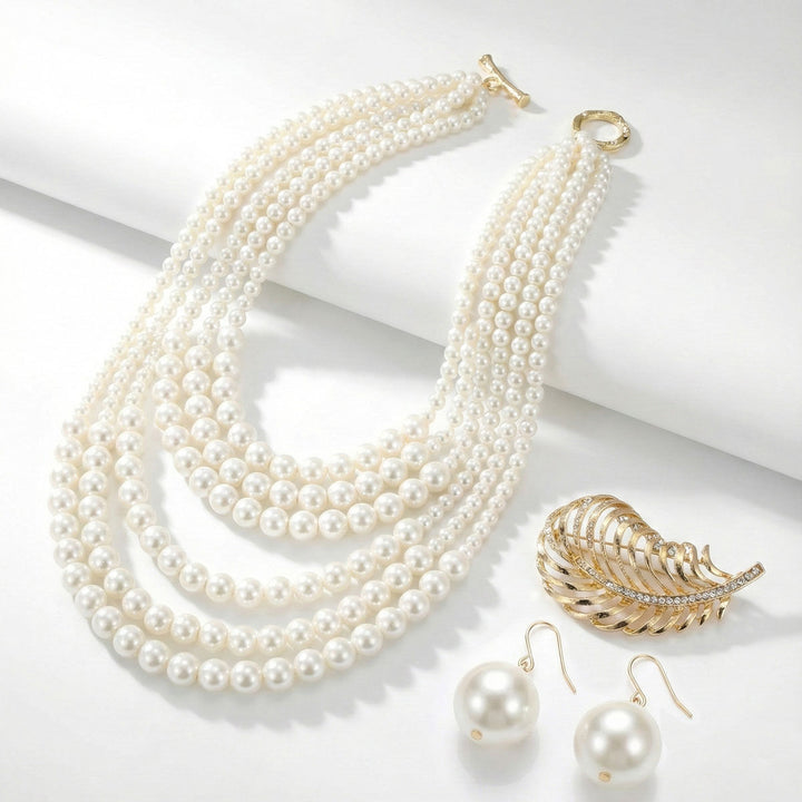 Cream Pearl Detachable Feather Brooch Necklace
