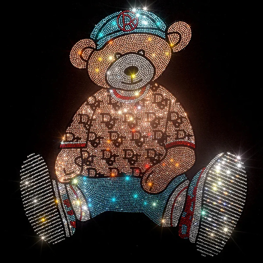 Cute Bear Cotton T-Shirt - Rhinestone Cartoon Top for Women