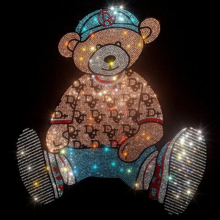 Cute Bear Cotton T-Shirt - Rhinestone Cartoon Top for Women
