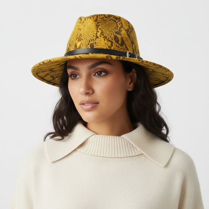 Fedora Mustard Yellow and Brown Snake Print Hat