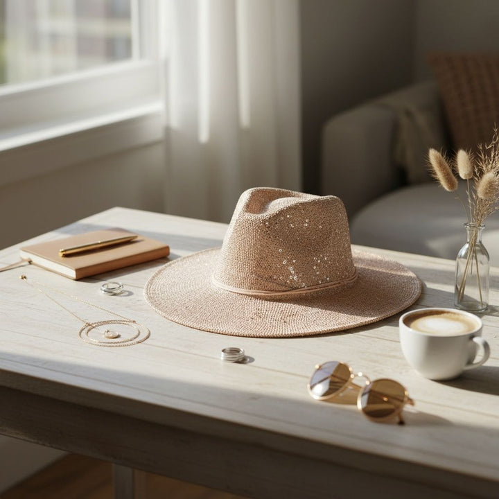 Cowboy Hat Pale Pink Sequin Embroidery Panama Hat