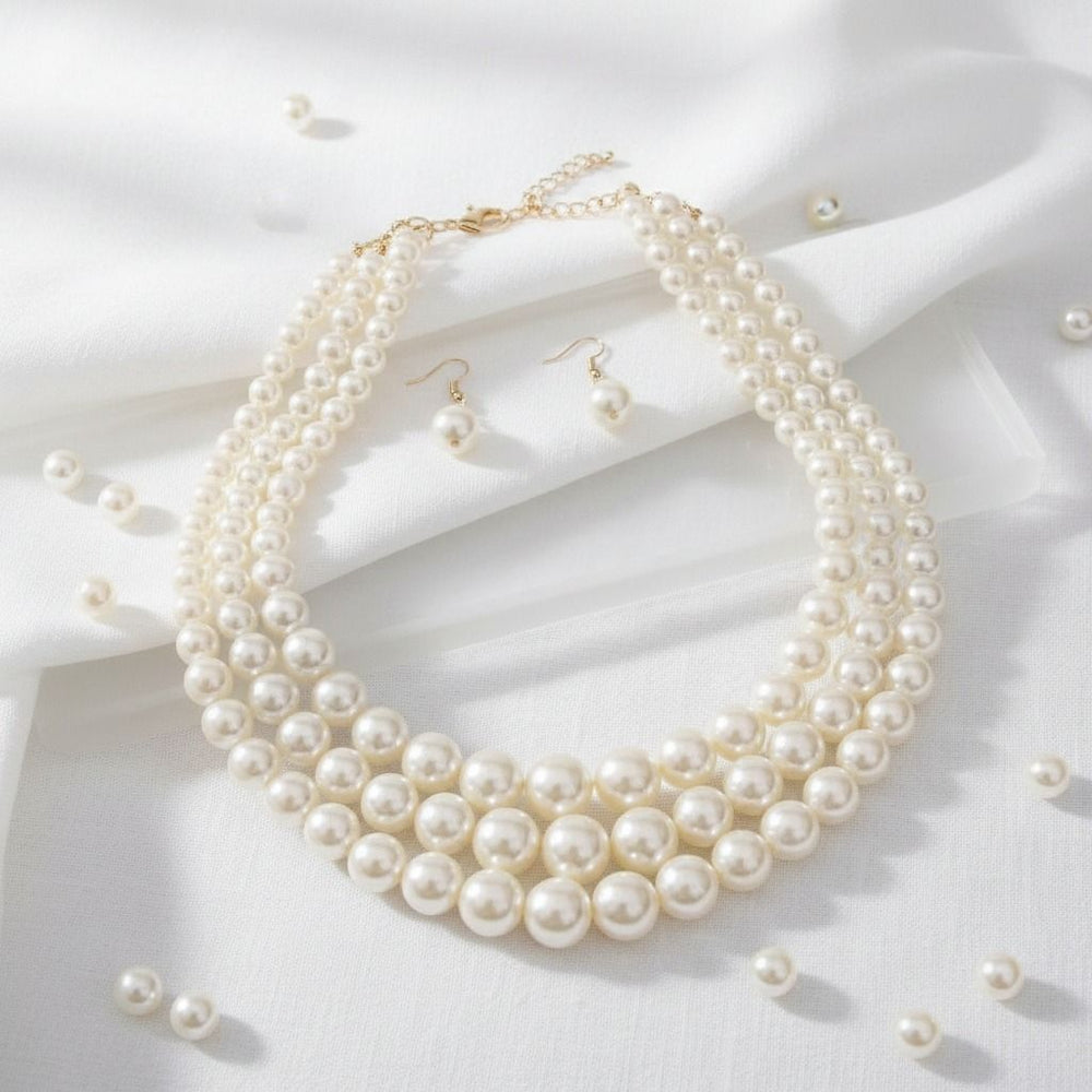 Luxurious Layers: Cream Pearl 3-Strand Gold Layered Necklace Set