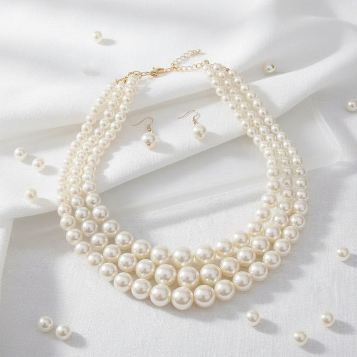 Luxurious Layers: Cream Pearl 3-Strand Gold Layered Necklace Set