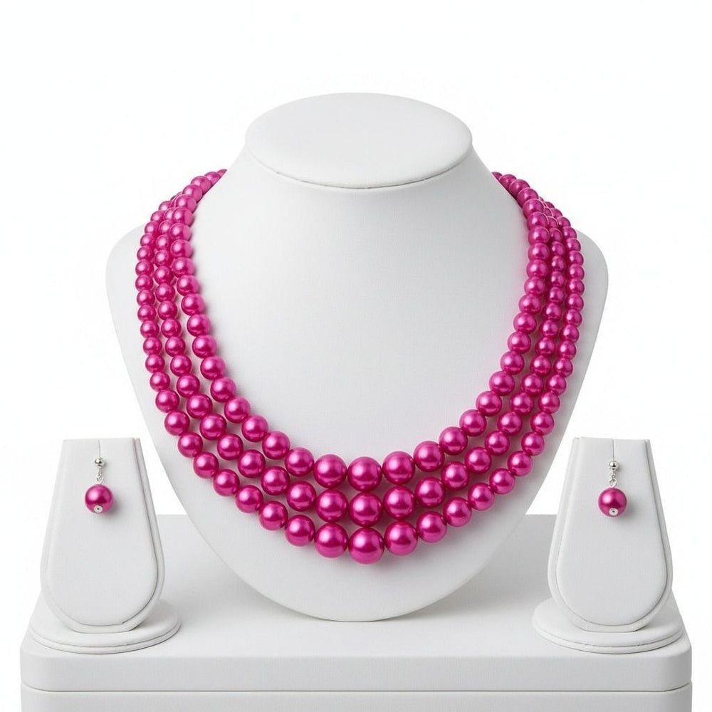 Fuschia Multi Strand Pearl Necklace Set