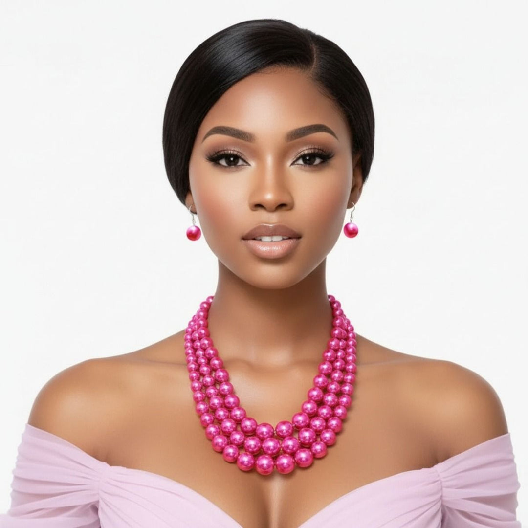 Fuschia Multi Strand Pearl Necklace Set