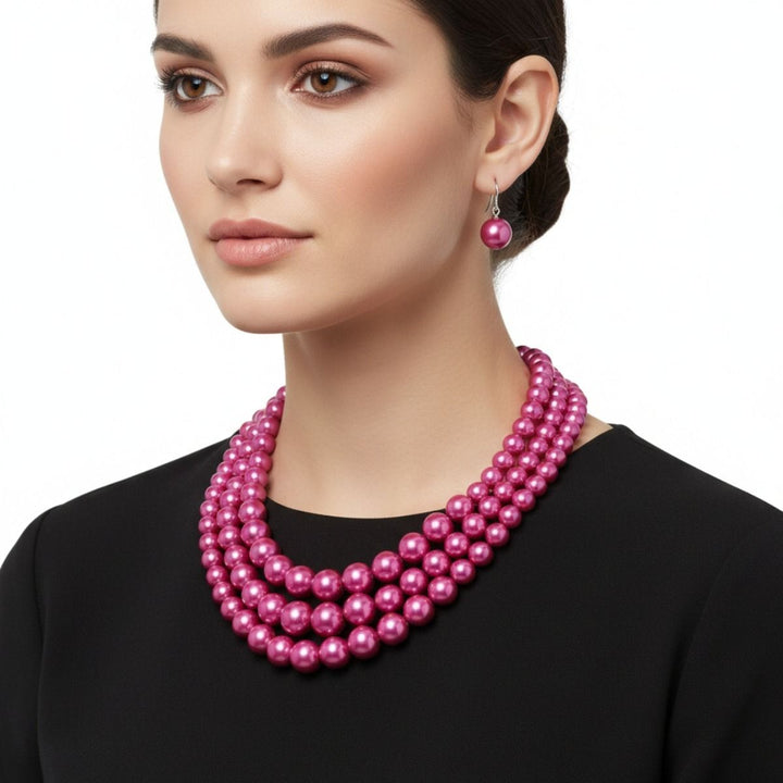 Fuschia Multi Strand Pearl Necklace Set
