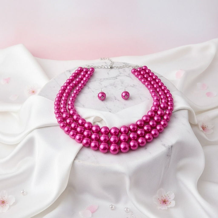 Fuschia Multi Strand Pearl Necklace Set