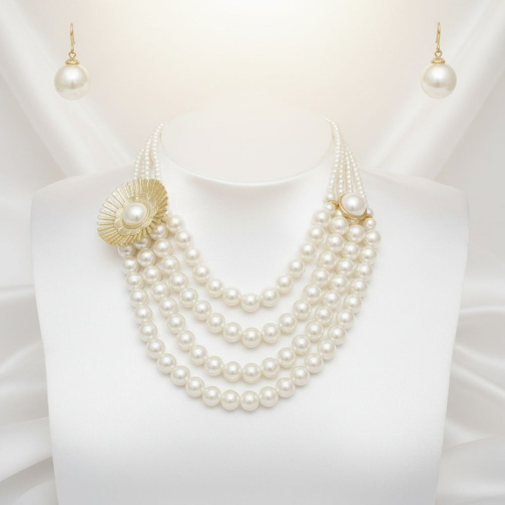 Cream Pearl Floral Detail 4 Layer Chunky Necklace