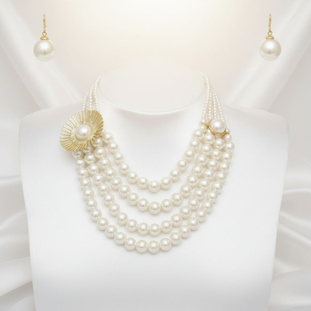 Cream Pearl Floral Detail 4 Layer Chunky Necklace
