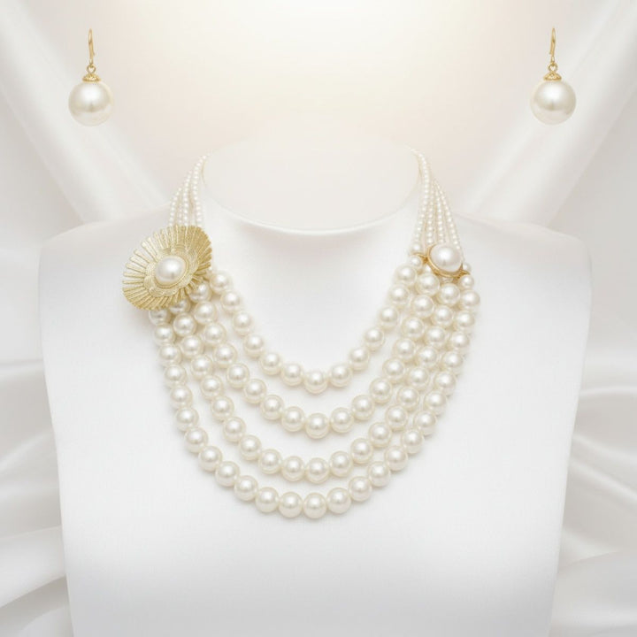 Cream Pearl Floral Detail 4 Layer Chunky Necklace