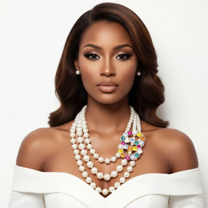 Infinite Elegance: Multi-Color Infinity Ring 3-Layer Pearl Necklace Set
