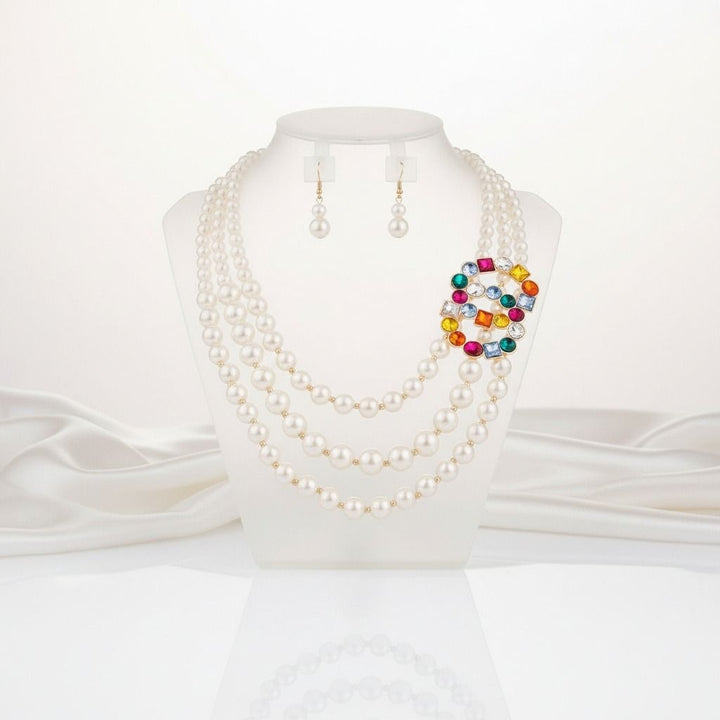 Infinite Elegance: Multi-Color Infinity Ring 3-Layer Pearl Necklace Set