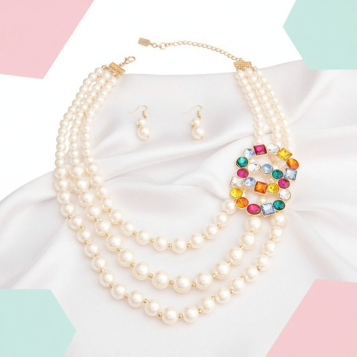 Infinite Elegance: Multi-Color Infinity Ring 3-Layer Pearl Necklace Set