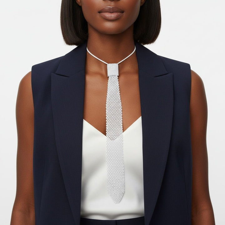 Choker Boss Lady White Mesh Bling Tie Necklace