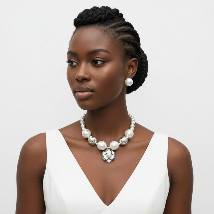 Choker Silver Ball Pearl Camellia Flower Necklace