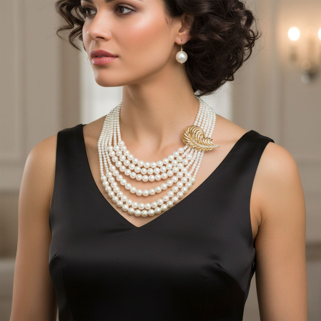 Cream Pearl Detachable Feather Brooch Necklace