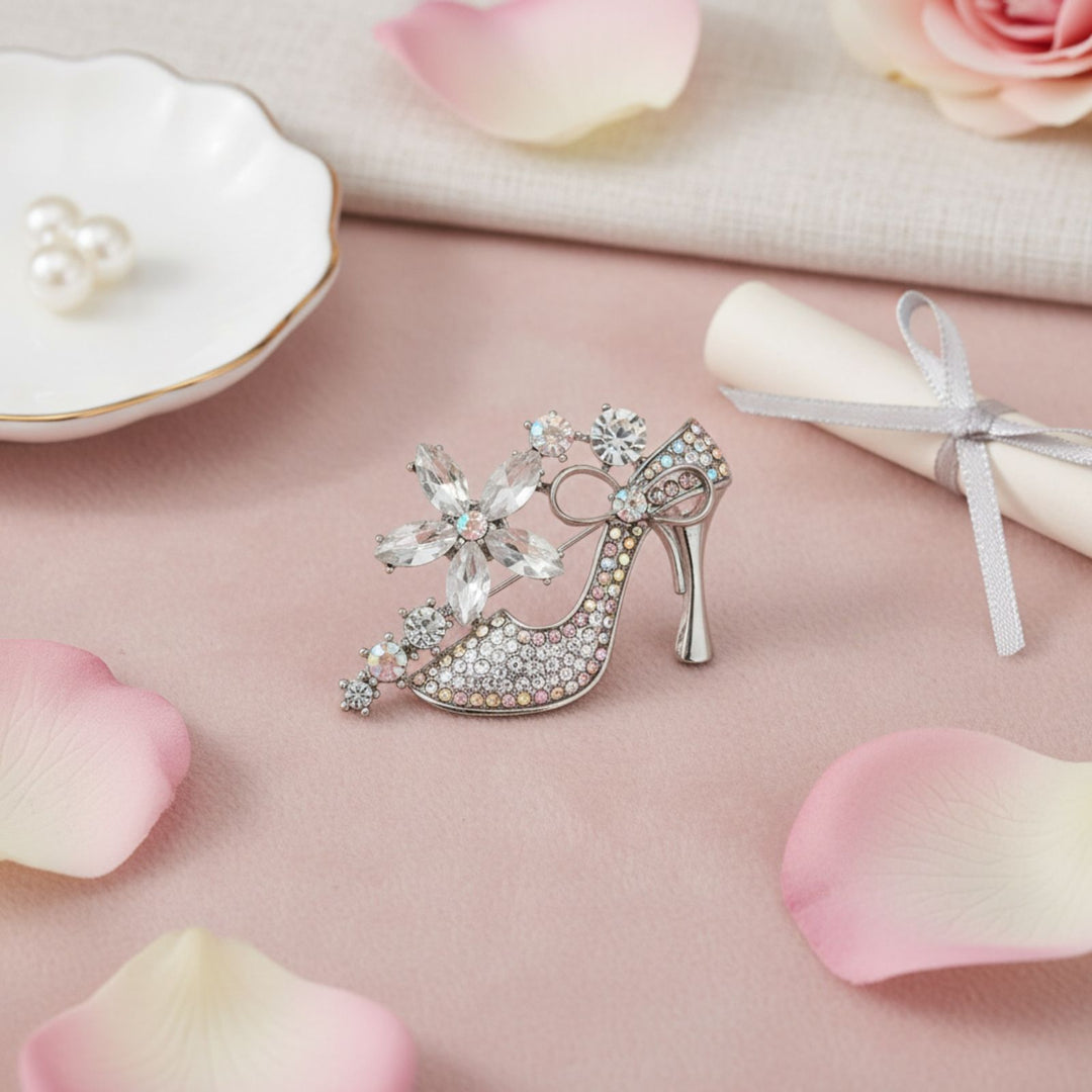 Brooch Clear Crystal High Heel Flower Silver Pin