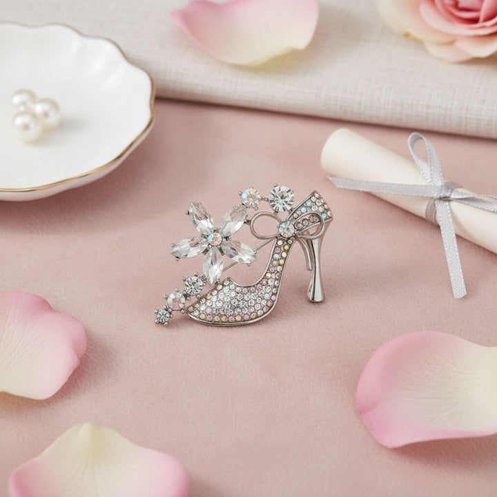 Brooch Clear Crystal High Heel Flower Silver Pin