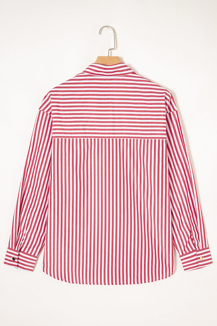 Red Stripe Patched Pocket Side Slit Loose Shirt