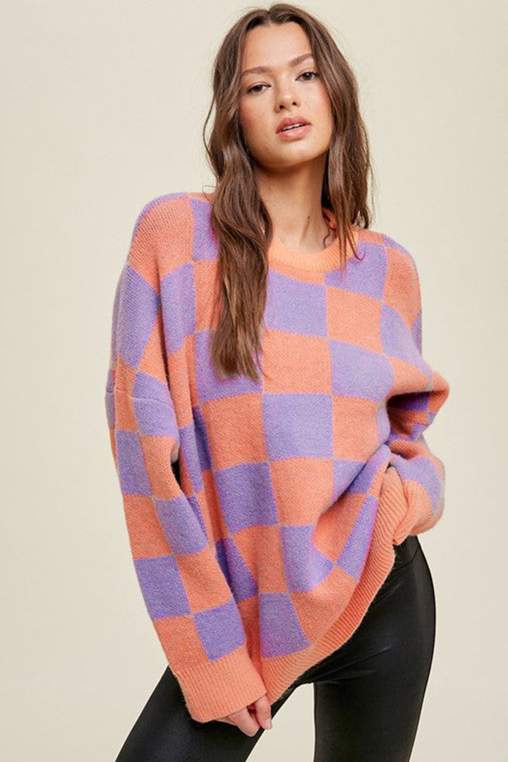 Grapefruit Orange Checkered Pattern Ribbed Trim Knit Baggy Sweater