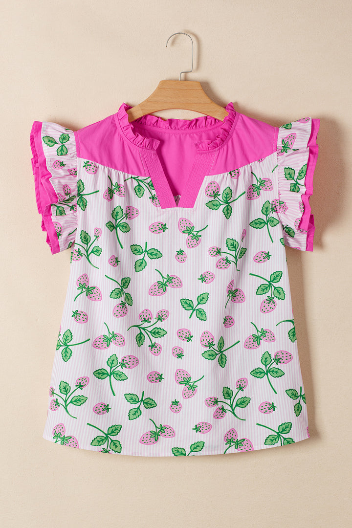 Pink Striped Strawberry Printed Color Block Patchwork V Neck Flutter Sleeve Blouse