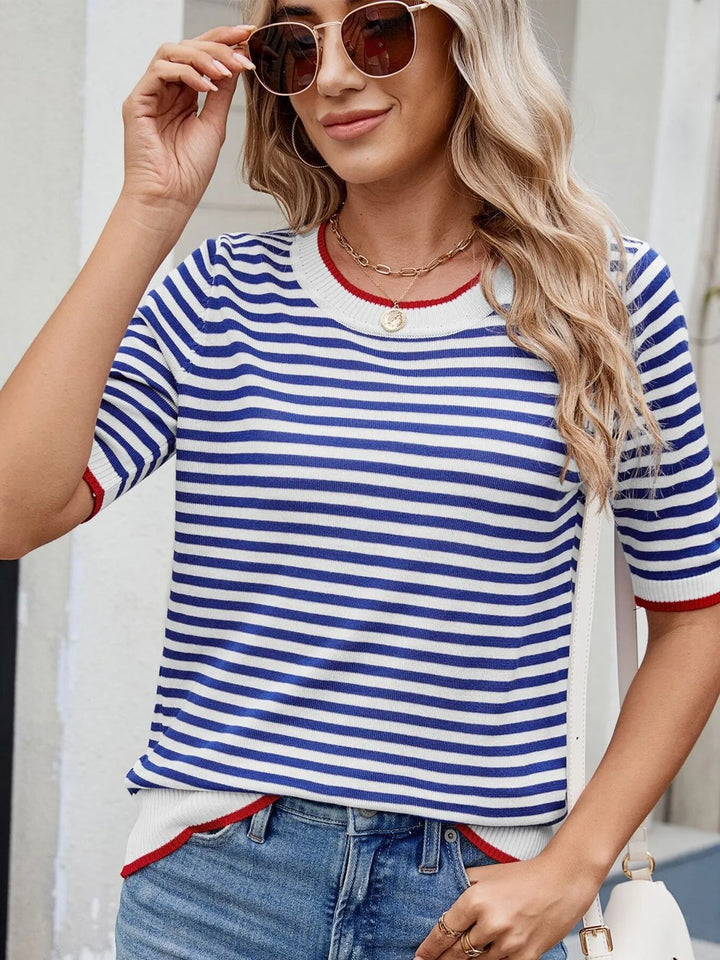Striped Casual T-Shirt with Contrast Trim